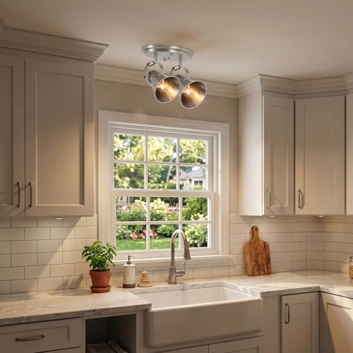 Image of Nickel Kitchen Ceiling Light Fixture, 2-Light Adjustable Track Lighting, Modern Flush Mount Directional Light for Hallway, Bathroom, Dining Room