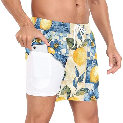 xigua Watercolor Vintage Lemons Mens Swim Trunks with Liner, 5 inch Quick Dry Mens Boardshorts for Beach2