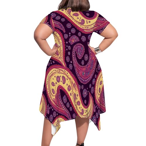 Image of Womens Summer Plus Size Crewneck Midi Dress Short Sleeve High Waist Dresses A Line Smocked Sundress with Pockets