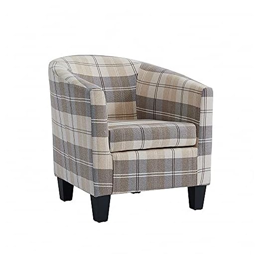Home Detail Modern Tub Chair, Accent Bedroom Seat, Living Room Chair, Dining Chairs, Small Armchair or Occasional Chairs in Beige Tartan Fabric