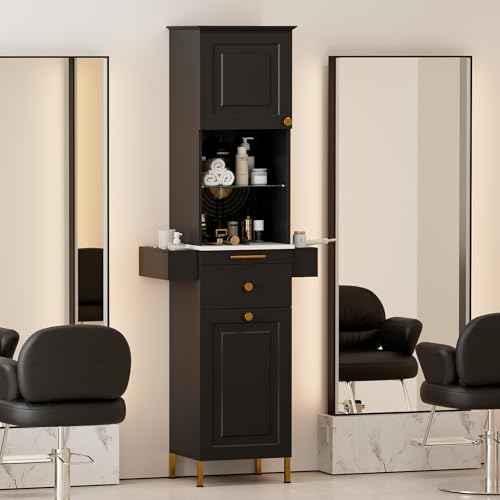 Belandi Salon Stations for Hair Stylist, Barber Station Hair Styling Salon Station, Beauty Salon Furniture with 2 Drawers, Glass Shelf, 2 Storage Cabinet & 6 Hair Dryer Holders for Salon