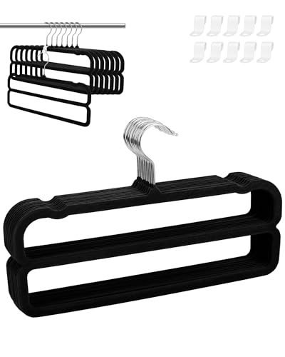 Image of 10 Pack Velvet Pants Hangers Space Saving, Non Slip 2-Layer Hanger (Black) | Heavy Duty Flocked Trouser Hangers,pants organizer for closet with Swivel Hook, Felt Jean Hangers for Women and Men