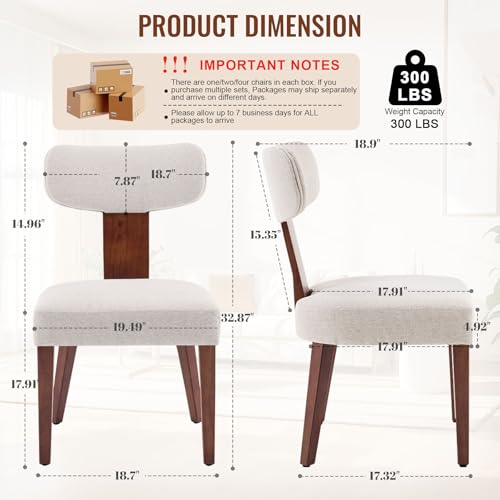 Dining Chairs Set of 2, Mid-Century Modern Upholstered Kitchen Chairs with Curved Backrest and Linen Fabric Seat, Wood Leg Accent Chairs for Dining Room, Living Room, Bedroom, Linen Beige - Image 3