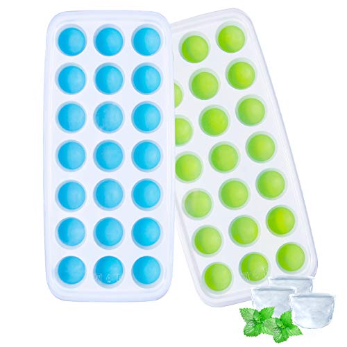 Ozera 2 Pack Silicone Ice Cube Trays with Lids, Stackable 42 Ice Cubes (Blue & Green)