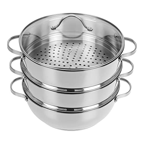 GRÄWE Pro-Line Dampfgarer Topf 28 cm induktionsgeeignet, Edelstahl Kochtopf mit 2 Dampfeinsätzen, Glasdeckel, Dampftopf zum Dünsten, Gemüsedämpfer Kartoffeldämpfer, spülmaschinengeeignet