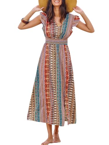 Image of CUPSHE Women's Maxi Dress V Neck Boho Multicolor Flutter Sleeve Smocked Slit A Line Summer Formal Dress