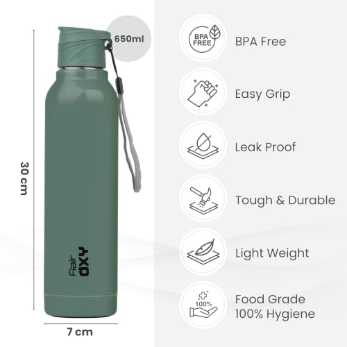 Image of FLAIR Oxy 900 Stainless Steel Water Bottle Set of 2 (650 ml Each), Green, Hot & Cold, Leakproof, BPA-Free, ISI Certified, Stainless Steel Bottle for Office, Gym, Travel, Trekking & Outdoor Sports