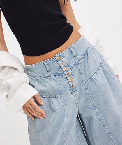 loveimgs Women Mid Rise Pleated Denim Palazzo Pants Cargo Wide Leg Baggy Jeans Ruffle Flare Harem Pants Y2k Elastic Waist3