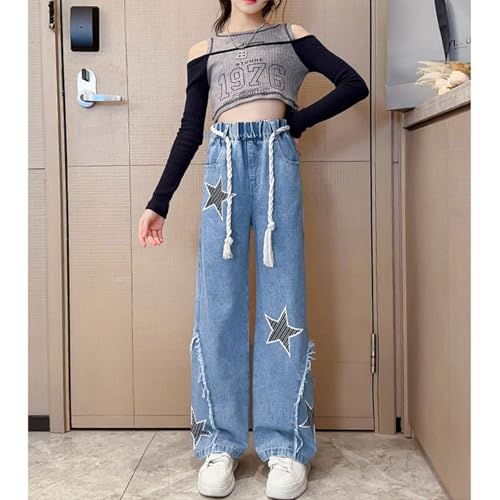 Girl's Star Jeans Baggy Pull On Denim Pants Casual Elastic Waist Wide Leg Jeans Teen Kids Cute Jeans 7-14 Years3