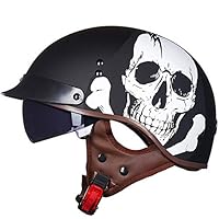 Halve Helm Motorfiets Retro, Harley Vintage Skull Cap Helm DOT/ECE Goedgekeurde Motor Bromfiets Jet Bobber Piloot Crash Chopper Halve Helm Met Zonneklep Voor Volwassenen C,L