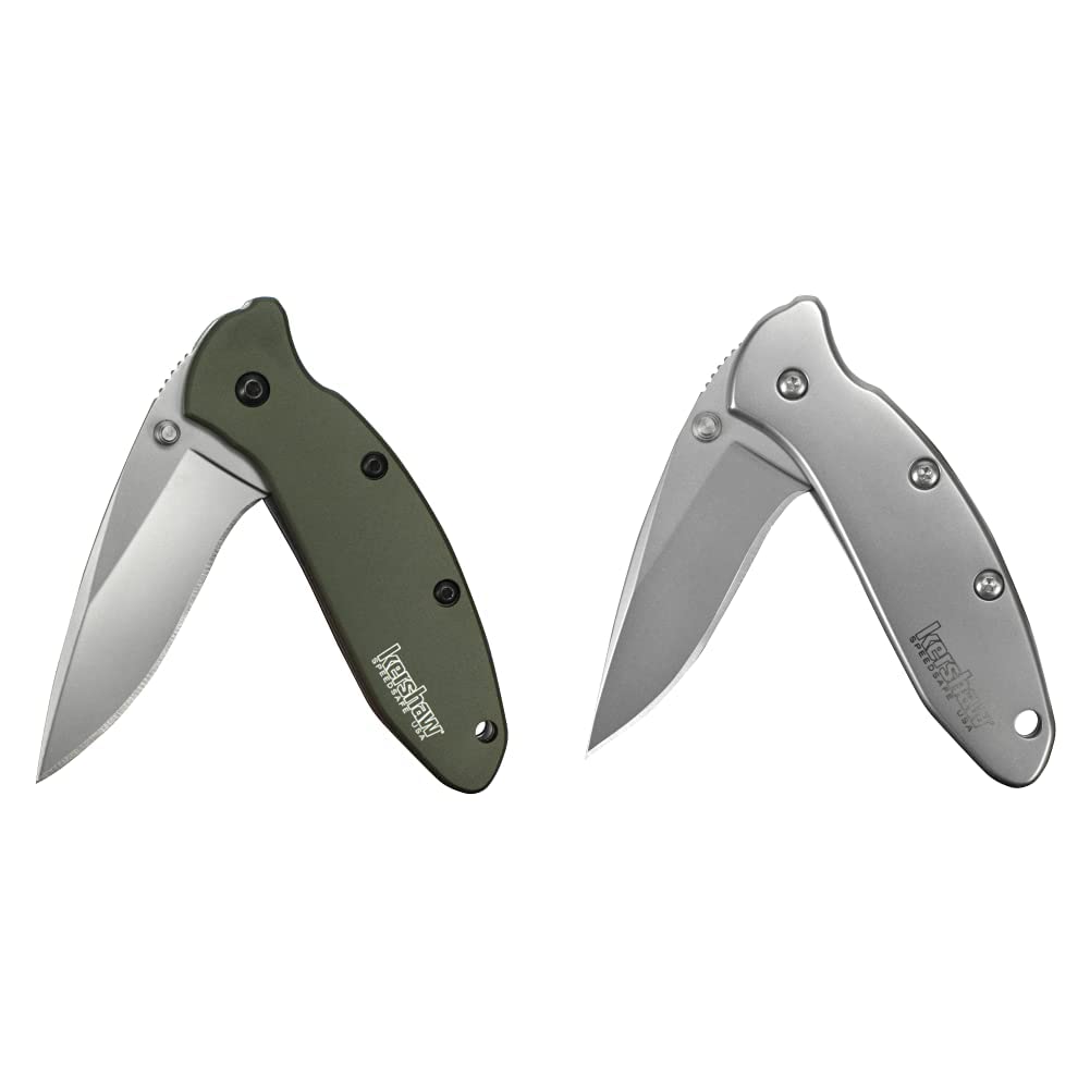 Kershaw Scallion, Olive Drab Pocket Knife ; 2.4” Bead-Blasted 420HC Steel Blade, Anodized Aluminum Handle; 2.5 OZ & Chive Pocket Knife ; 1.9” 420HC Steel Blade; 1.7 OZ.