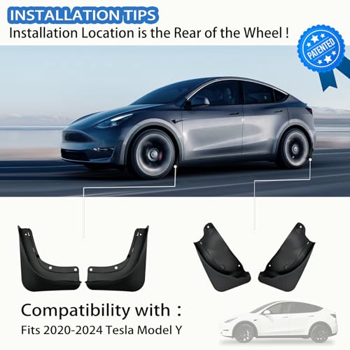 Image of Mud Flaps Compatible with Tesla Model Y 2020-2024 No Drilling No Tape All Weather Mudguards Splash Guards with Install Kit for Model Y Exterior Accessories Set of 4