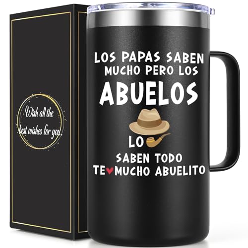 Qtencas Abuelo Father's Day Gifts, Regalos para el Mejor Abuelo del Mundo, 20 Oz Grandfather Stainless Steel Coffee Mug, Grandpa Cup in Spanish, Taza de Regalo de dia del Padre o Cumpleanos, Black