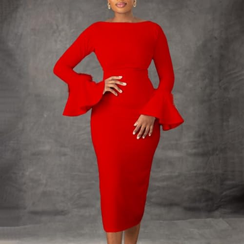Women Fashion Solid Color Flare Long Sleeve Dress Elegant Round Neck Bodycon Midi Pencil Dress Business Party Cocktail (Color : Red, Size : Large)3