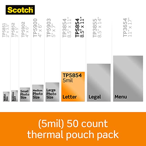 Scotch Thermal Laminating Pouches Premium Quality, 5 Mil Thick for Extra Protection, 50 Pack Letter Size Laminating Sheets, Our Most Durable Lamination Pouch, 8.9 x 11.4 inches, Clear