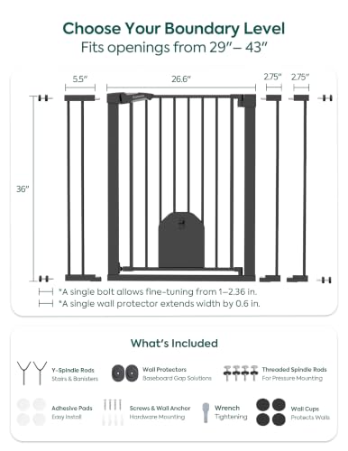 Image of Babelio 36 inch Tall Baby Gate with Adjustable Cat Door, CatPrivilege I, 29-43 inch | Auto Close, Safety Gate for Stairs, Easy Walk Thru with Pet Door, Includes 4 Wall Cups and 3 Extension Pieces, Black