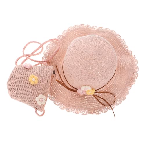 Ensemble chapeau et sac à main en paille pour garçon et fille rose