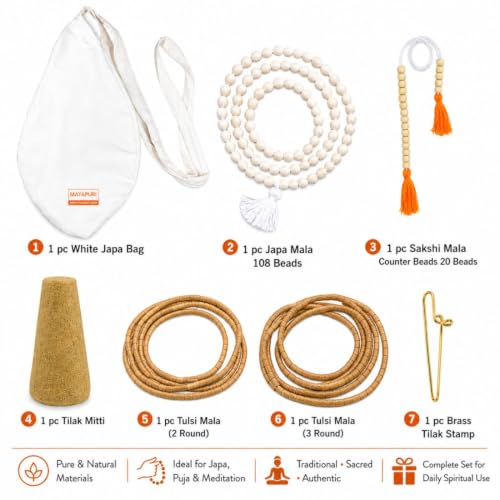 Image of Japa Mala Bag Combo Set | Complete Chanting & Meditation Kit for Daily Mantra Jaap | Pure Cotton White Gomukhi Chanting Bag with 108 Beads Japa Mala, 20 Beads Sakshi Counter Mala, 2 Round & 3 Round Tulsi Mala, Tilak Mitti & Brass Tilak Stamp