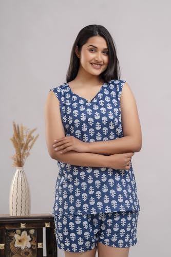 Image of Women's Cotton Printed Night Suit Set of Top & Shorts Sleeveless Women's Lounge Wear Set