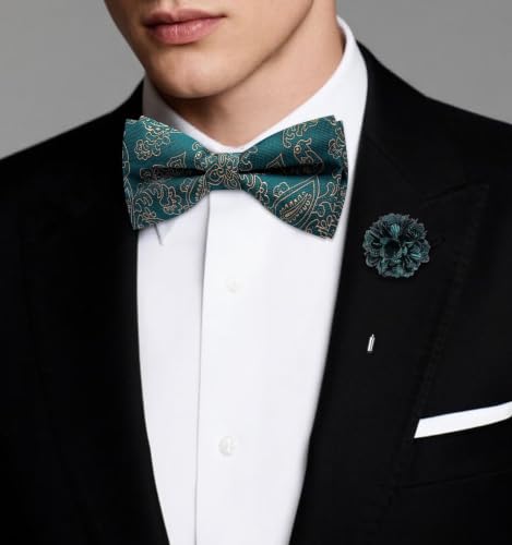 Image of Dubulle Mens Paisley Striped Bowtie Set Pre-tied Bowtie for Men and Pocket Square Set Wedding Business