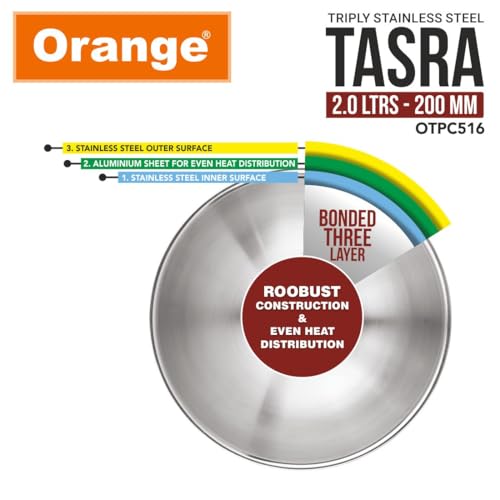 Image of Orange Stainless Steel (Triply Tasra Without Lid, 2.0 LTR, 20cm) 3 Layers Kadai | Heavy Bottom | 2.5mm Thickness | Multi-Purpose & Durable | Induction and Gas Stove Friendly | 5 Year Warranty, Silver