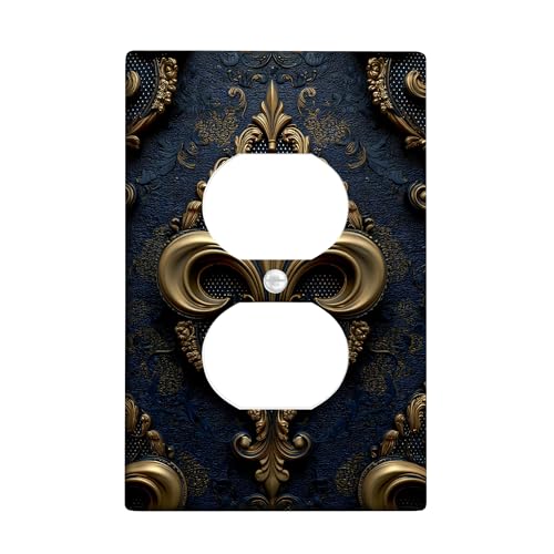 Elegant Fleur-de-lis Light Switch Cover Plates/Outlet Covers, Antique Gold Design on Deep Blue, Luxurious Wall Accents for Home Decor, Thermoplastic, Standard Size Single Duplex Outlet