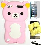 Bukit Cell 3D Cartoon Bundle 4 Items:Baby Pink Bear Soft Silicone Cute Lovely Fun Case for Ipod Touch 6th / 5th Generation + Cleaning Cloth + Screen Protector + Metallic Stylus Touch Pen