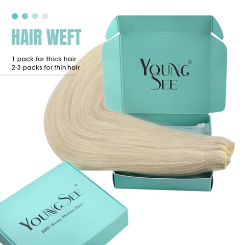 Image of YoungSee 100g Blonde Sew in Hair Extensions Real Human Hair Weft Beige Blonde Weft Hair Extensions Add Hair Volume for Short Hair 16 Inch