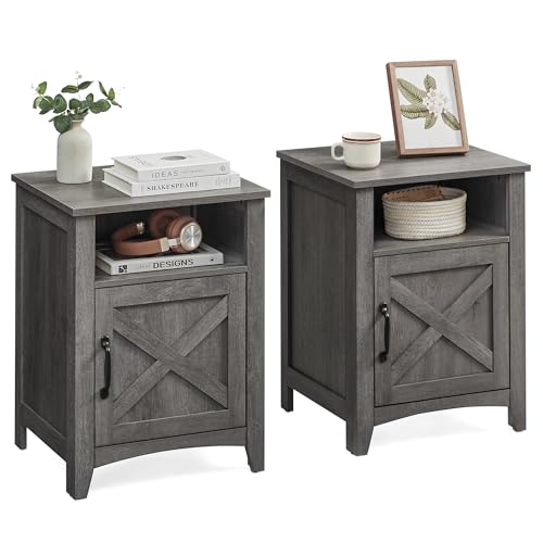 VASAGLE LIRY Collection - Farmhouse Nightstand with Barn Door, Set of 2, Bedside Table with Storage, Side End Table, Night Stand, Open Compartment, for Bedroom, Misty Gray ULET809G68 Misty G