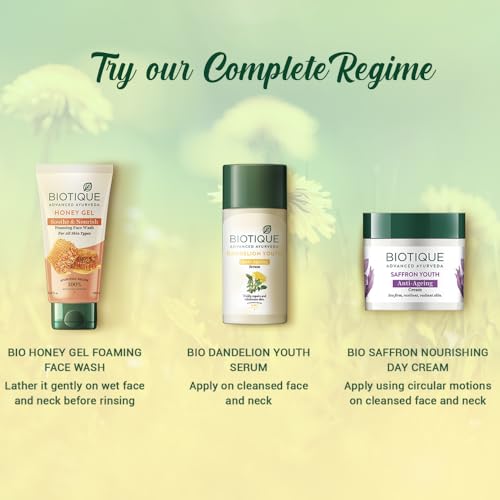 Image of Biotique Dandelion Youth Anti-Ageing Serum| Ayurvedic and Organically Pure| Anti-Ageing Serum for Men & Women| Reduces Fine Lines & Wrinkles |100% Botanical Extracts| All Skin Types | 40ml(Pack of 2)