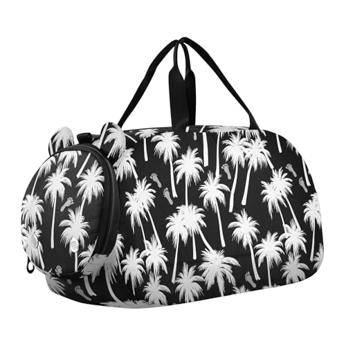 Palms Tree Footprint Black Kids Travel Duffel Bag for Boys Girls Overnight Weekend Tote Bag with Shoes Compartment for Beach Swim Trip