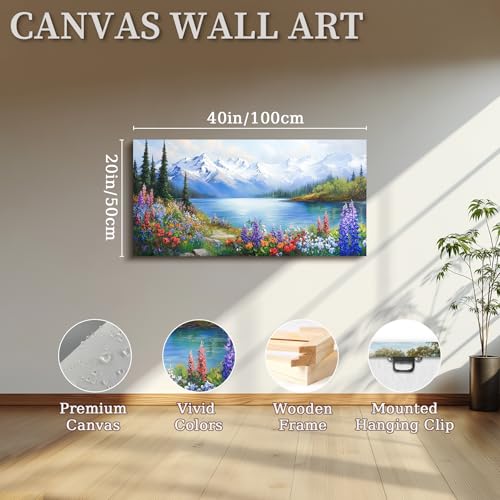 crmotu Lakeside Landscape Wall Art, Nature Wilderness Large Wall Decor, Mountain Tree Wildflowers Scenery Paintings, Cottagecore Canvas Pictures for Living Room Bedroom Farmhouse Art Prints 20x40 Inch