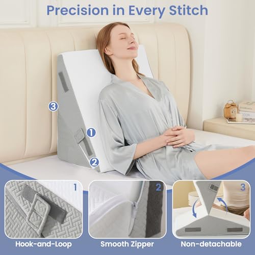 Image of Sasttie Wedge Pillow for After Surgery, Adjustable Bed Wedge Pillow Headboard for Acid Reflux, Sleeping, Neck & Back Support, with Removable Cover, Light Grey & White