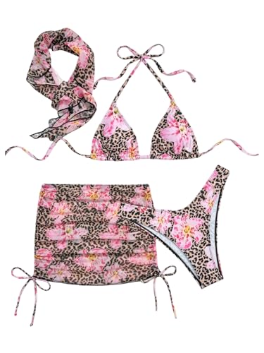 MakeMeChic Women's 4 Piece Bikini Set Floral Leopard Print Halter Triangle Swimwear with Cover Up Skirt
