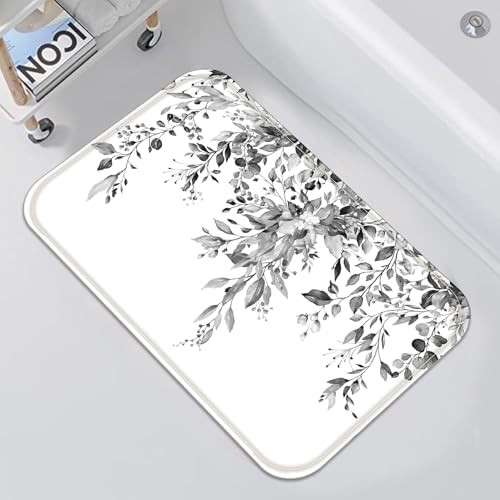 Zussun Black and White Eucalyptus Bathroom Rugs Mat Grey Watercolor