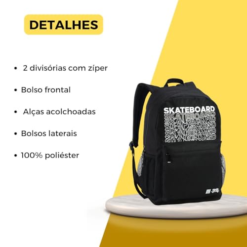 Mochila Juvenil Grafite Skate Surfing Escolar Reforçada (PRETO)