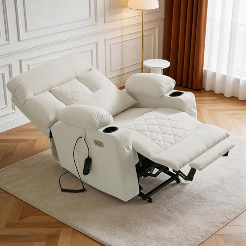 Image of BEDHOURS Tri-Motor Power Lift Recliner Chair for Elderly, Zero Gravity Infinite Position Lay Flat with Adjustable Headrest & Lumbar, Vibration Massage & Heat, Cup Holders, Ivory Rice