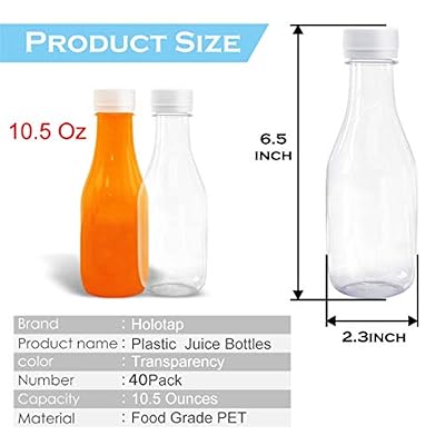 Holotap 10 Oz Empty PET Plastic Juice Bottles 35 Pack Clear Disposable Bulk Drink Bottles with White Tamper Evident Caps Great for Storing Homemade Juices, Milk, Water, Smoothies, Tea (10 OZ, White)