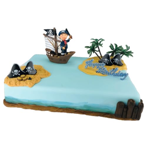 Cake Company Tortendekoration Piraten-Junge im Segelschiff | Set mit Piratenfigur, Palmen & Zubehör | Tortendeko Motivtorte Kindergeburtstag und Geburtstag