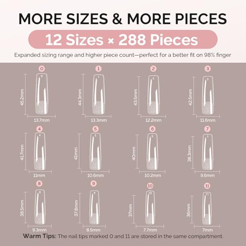 Image of MelodySusie Long Square X Nail Tips - 288Pcs 12 Sizes Clear Acrylic, Half Matte Full Cover Press on Nails for DIY Extension & Salon Use,Pre-Shaped for Long-Lasting Manicure