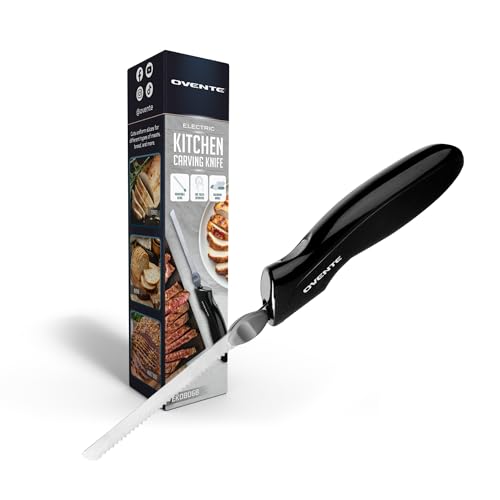 OVENTE Electric Knife with Serrated Stainless Steel Blade, Safety Lock Button and Ergonomic Handle, 120W Power Ideal for Slicing Meat, Bread, Poultry, Cheese or Carving Foam and More, Black EK0806B