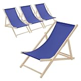 ECD Germany Set di 4 Sedie a Sdraio Blu Scuro in Legno fino a 120 kg Schienale Regolabile 3 Posizioni Lettino Prendisole da Esterno per Spiaggia Sdraiette Sedia Pieghevole Giardino Piscina