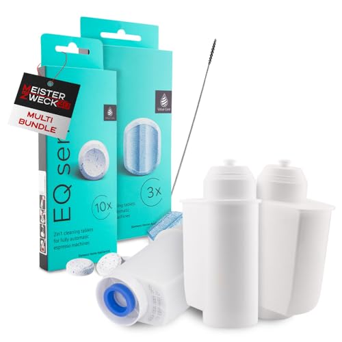 MEISTERZWECK4U Pflegeset Kaffeevollautomaten - 3x Wasserfilter, 1x Entkalkungstabletten, 1x Reinigungstabletten, Reinigungsbürste - Reinigungsset kompatibel mit Siemens, EQ Series, Supresso, Bosch