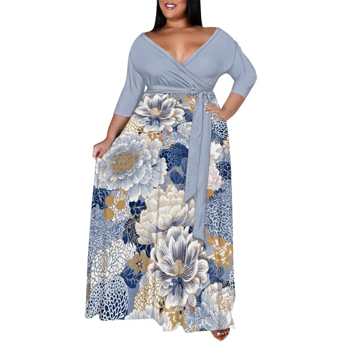 Image of SUZONANA Plus Size Maxi Dresses for Curcy Women Casual Loose 3 /4 Sleeve Long Dress with Belt