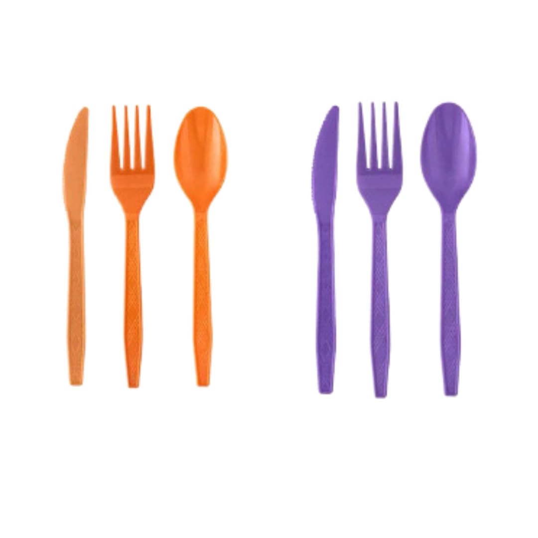 2 Pack Bundle Orange Purple Plastic Utensils Combo Pack - 96 Count Parties Events Durable Disposable Cutlery Cook Serve Kitchen