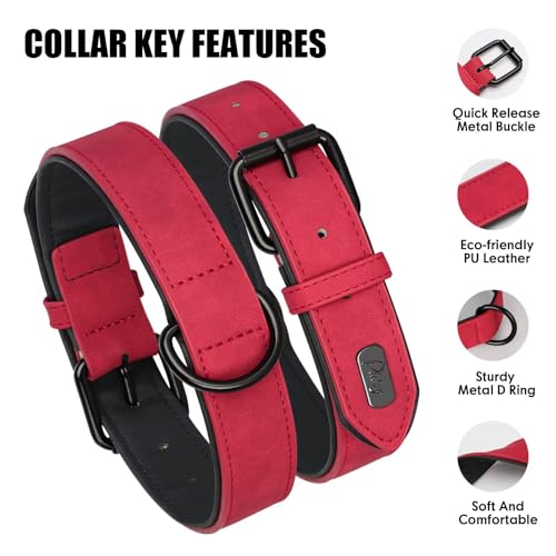 Image of Didog Soft PU Leather Dog Collar, Breathable Padded, Red, Neck 14-18 inch