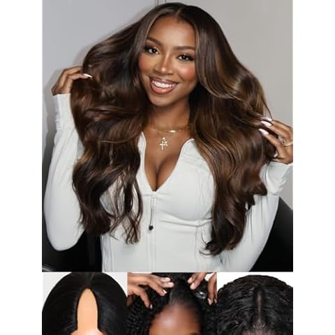 Sunber V Part Human Hair Glueless Wig Ombre Brown Body Wave Vpart GLueless Wig Glueless None Lace Brown Ombre Chocolate Brown No Sew in Half Wig Body Wave 180% Density 12A Brazilian Virgin Hair 18Inch Cover