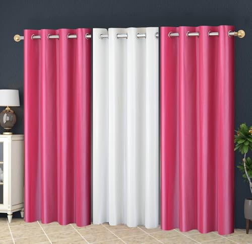 Image of Eyelet Polyester Modern Solid Crush Set of 3 Pcs. Window Curtains (5 Feet, 2 Pink + 1 White)