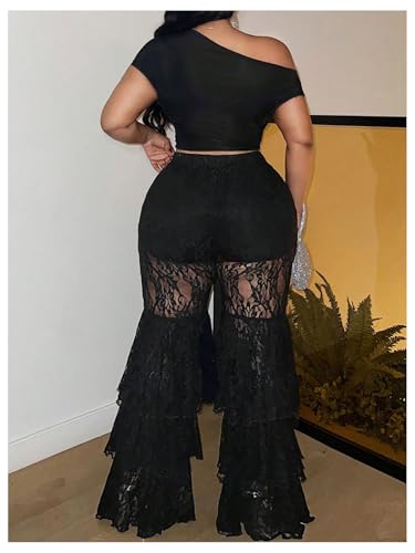 Women's Plus Size Lace Layered Ruffle Pants Sheer Mesh Tiered Party Skinny Leggings Rave Trousers3