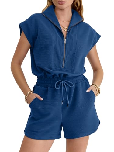 Image of Rompers for Women Summer Short Sleeve Half Zip Lapel Collar Jumpsuit Casual Drawstring One Piece Outfits with Pockets